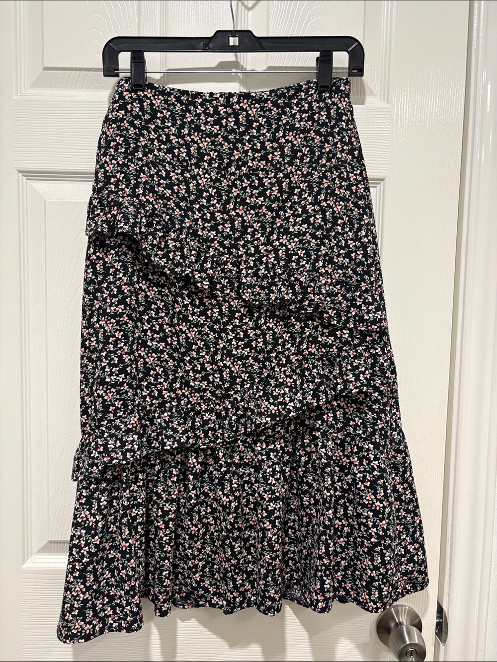 Black Floral Midi Skirt with Pink Print